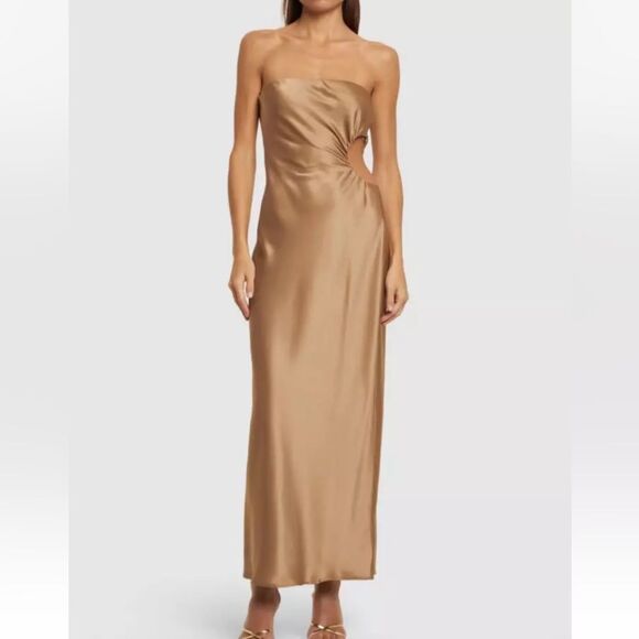 Reformation Nevaeh Satin Dress in Gold/Taupe Large NEW $298 - Picture 2 of 5